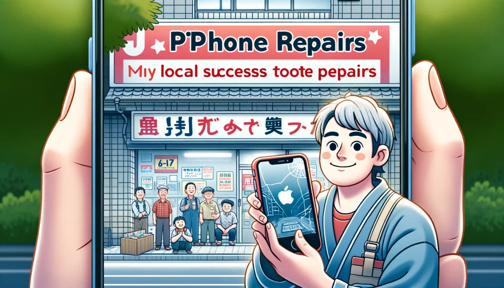 「修理済みのiPhoneを持つ満足そうな顧客」